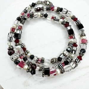 Vtg Striped Artisan Glass Pearl Bead Necklace Sterling Silver 18” Unique